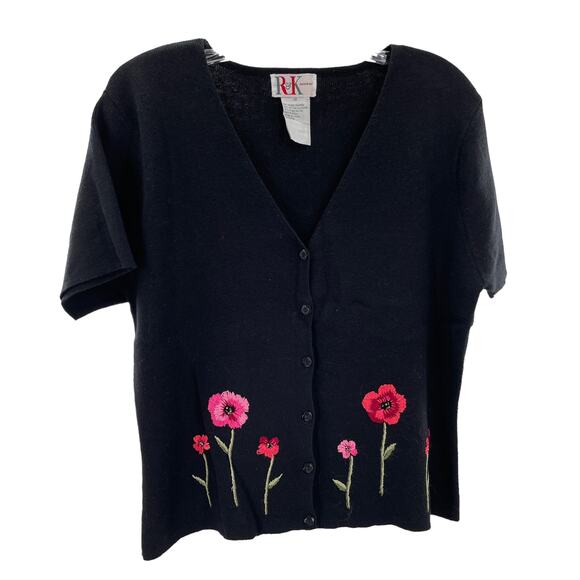 R&K Originals Black Knit Red Floral Embroidered Short Sleeve Cardigan 14 - Picture 1 of 9